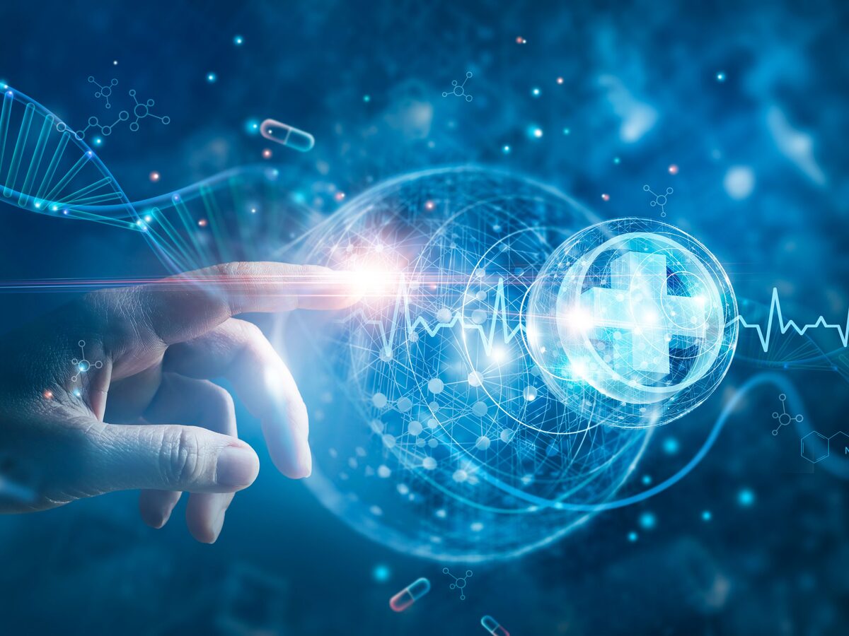 A hand touching a glowing digital sphere of health data and medical icons