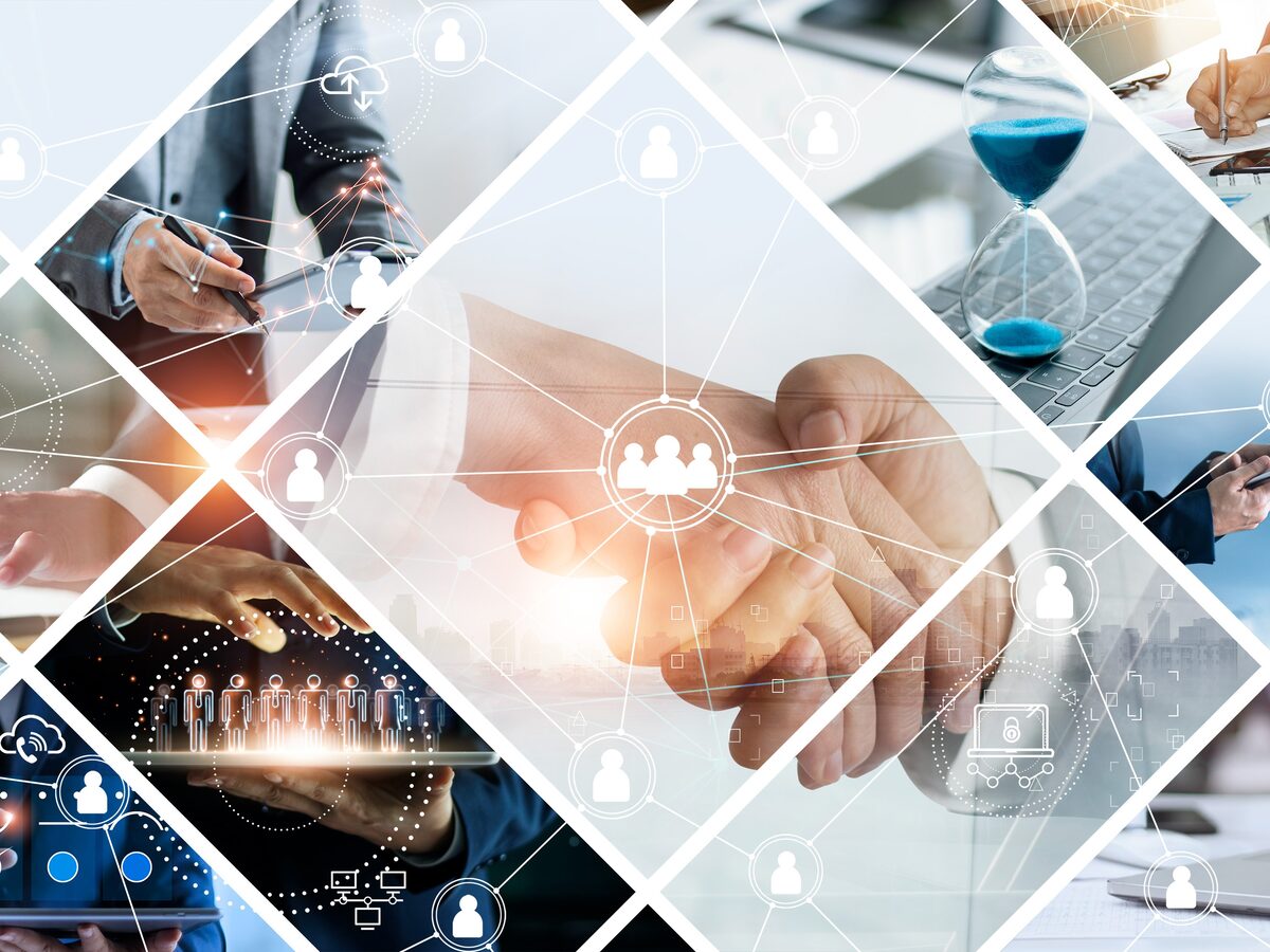 Collage of business professionals shaking hands, connected by a network of people icons